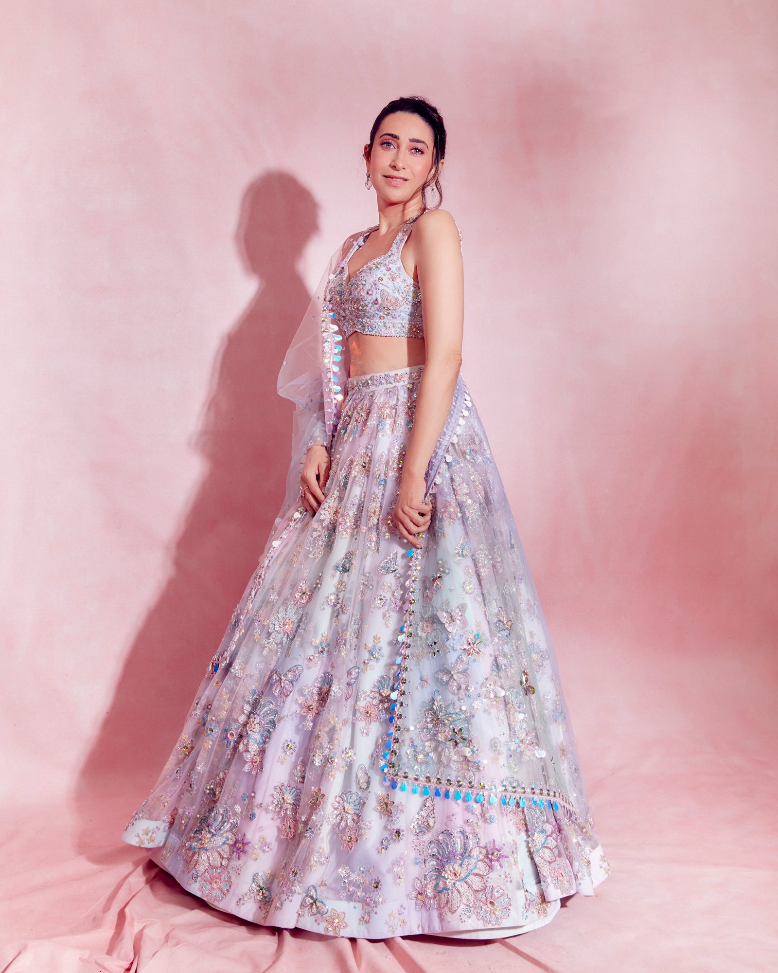 Karisma Kapoor in Ombre Pink and Blue Heavy Embellished Lehenga - Lashkaraa
