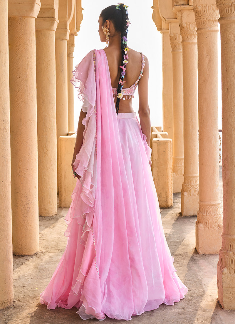 Ombre Pink Ruffled Chiffon Saree