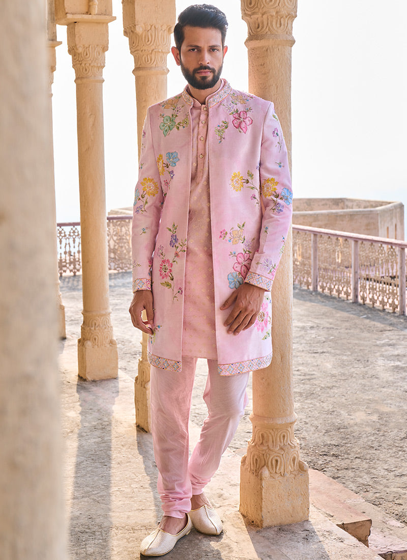 Light Pink Hand Embroidered Velvet Jodhpuri Set