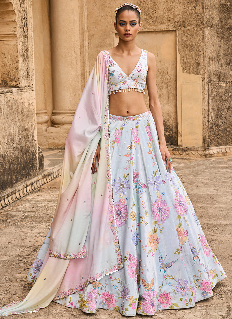 Light Blue Embellished Velvet Lehenga