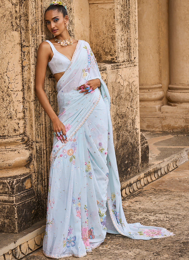 Soft Mint Embellished Chinon Saree