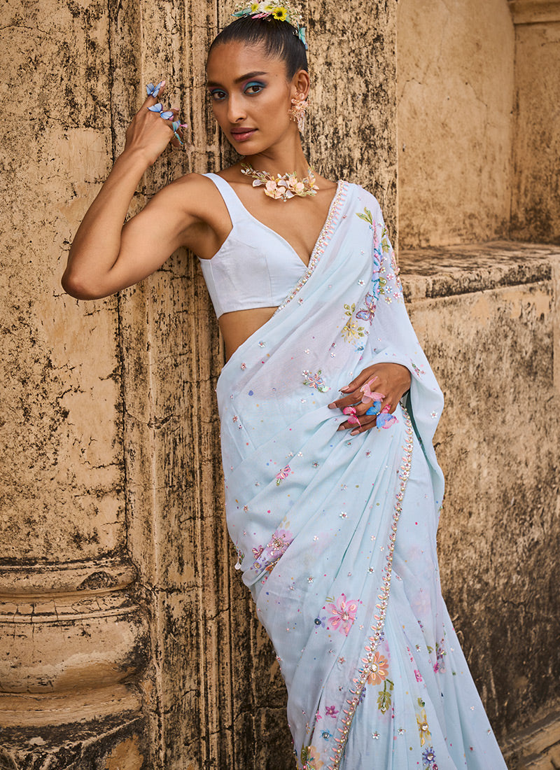 Soft Mint Embellished Chinon Saree