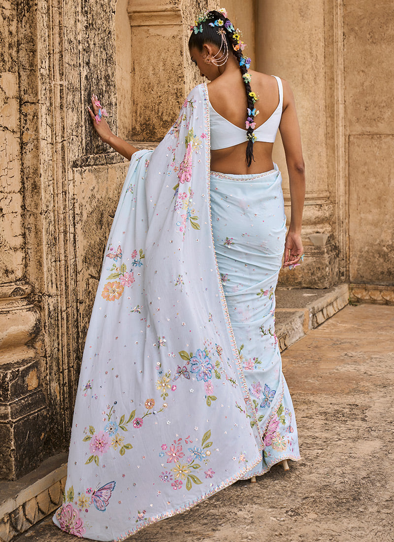 Soft Mint Embellished Chinon Saree