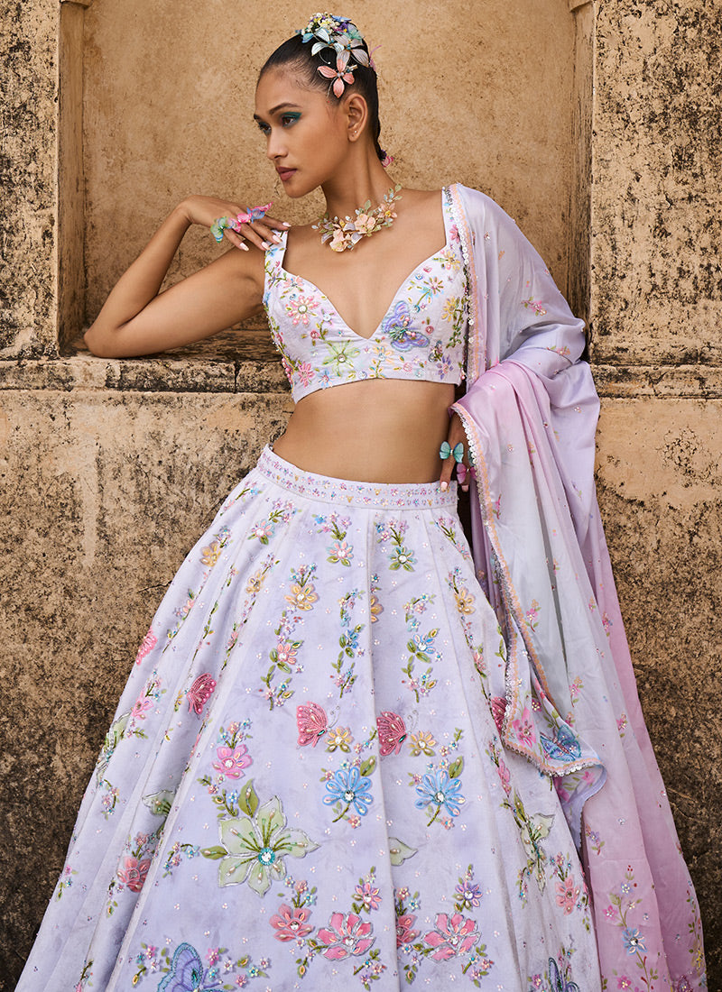 Light Grey Embellished Velvet Lehenga