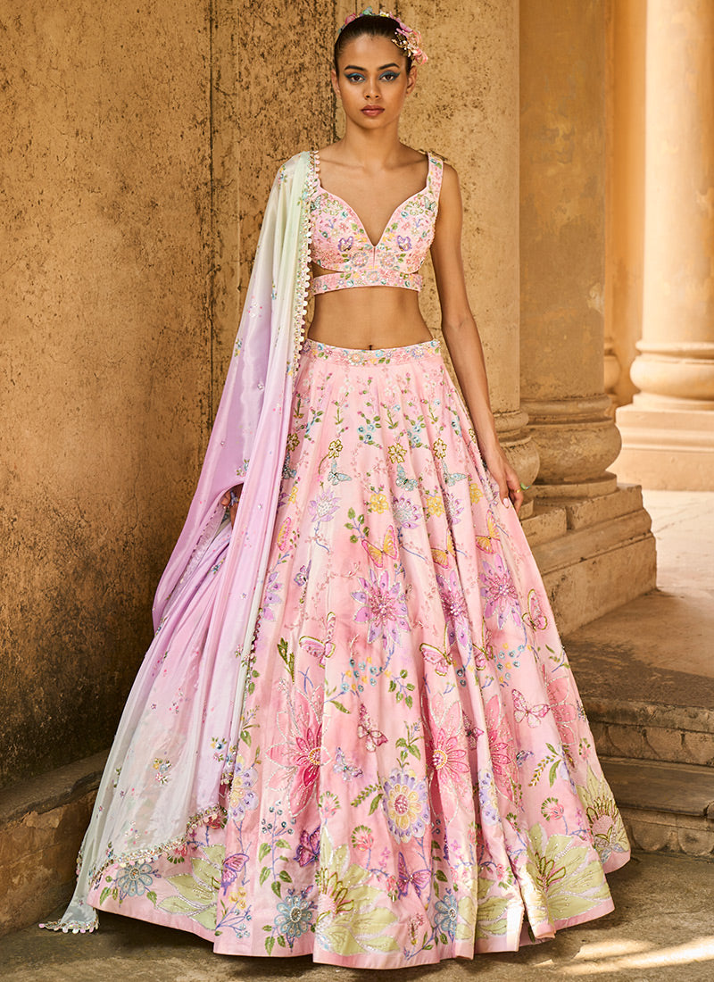 Multicolor Peach Embellished Velvet Lehenga