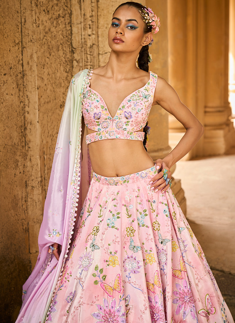 Multicolor Peach Embellished Velvet Lehenga