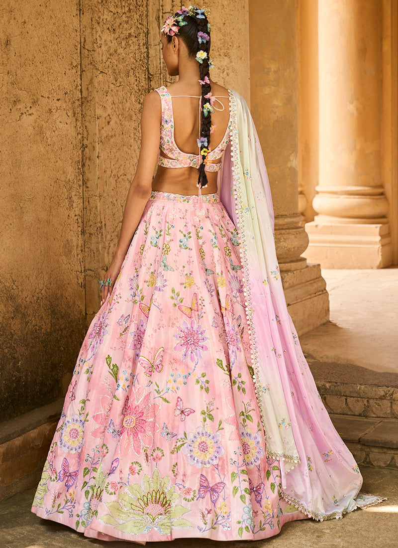 Multicolor Peach Embellished Velvet Lehenga