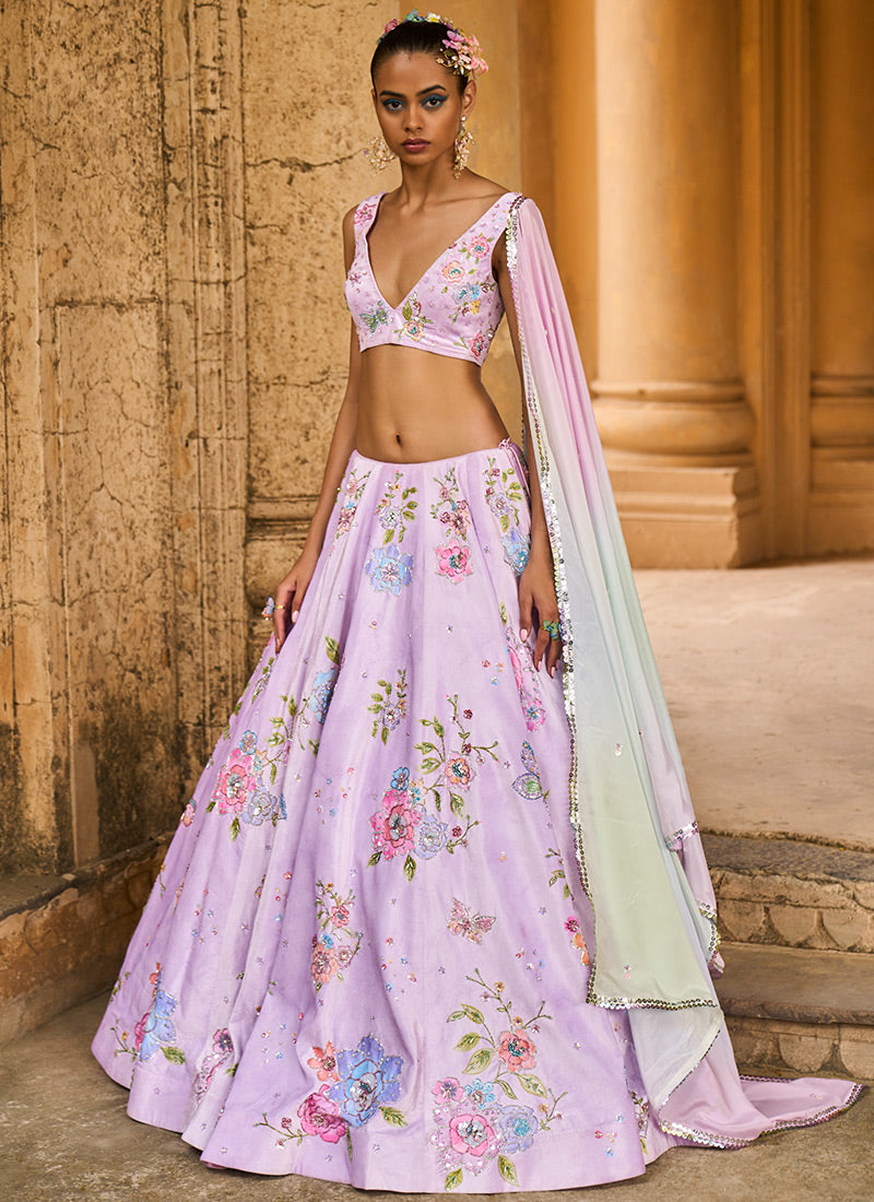 Soft Purple Embellished Velvet Lehenga