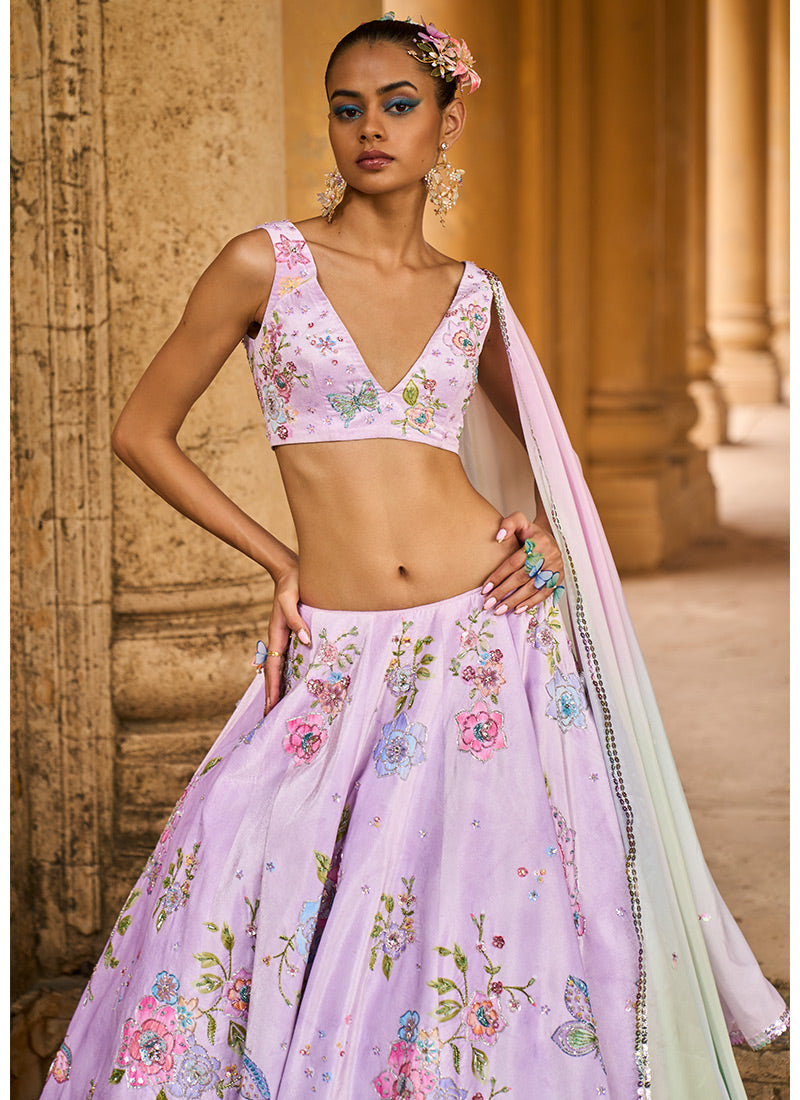 Soft Purple Embellished Velvet Lehenga