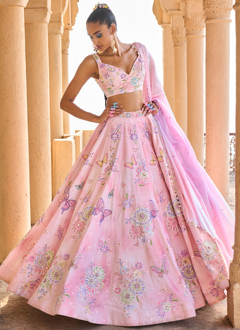 Peachy Pink Embellished Velvet Lehenga