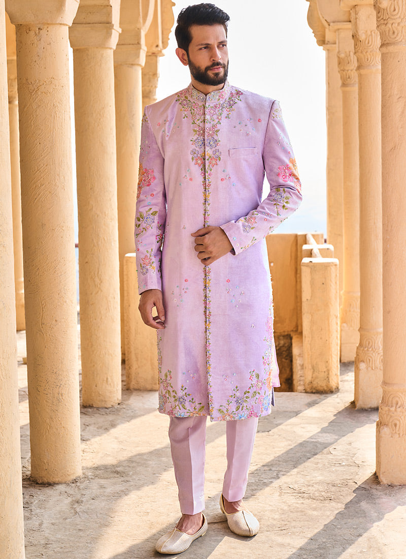 Lavender Hand Embroidered Velvet Sherwani