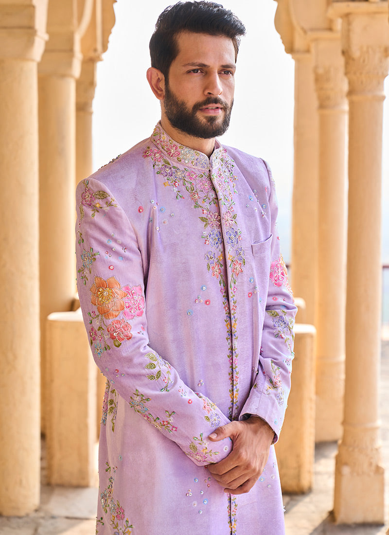 Lavender Hand Embroidered Velvet Sherwani