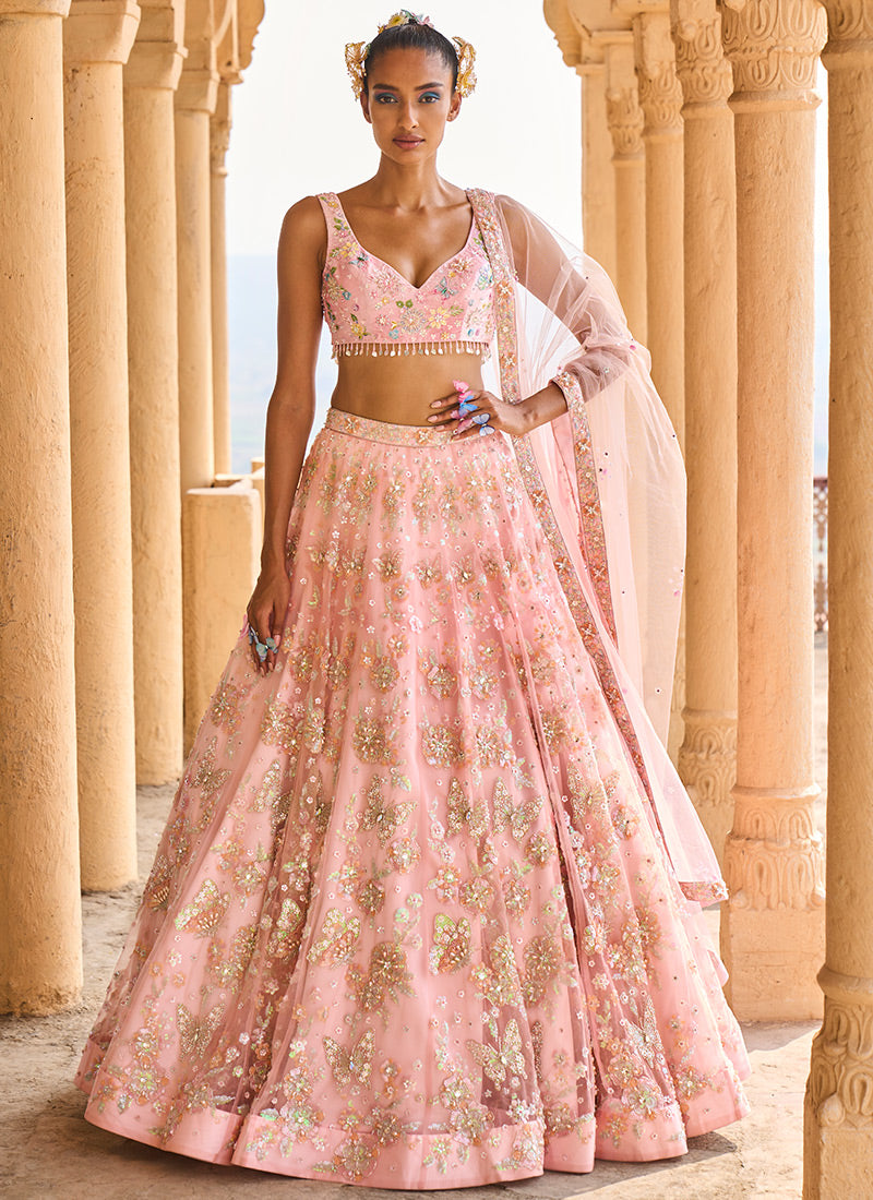 Peach Heavy Embellished Net Lehenga