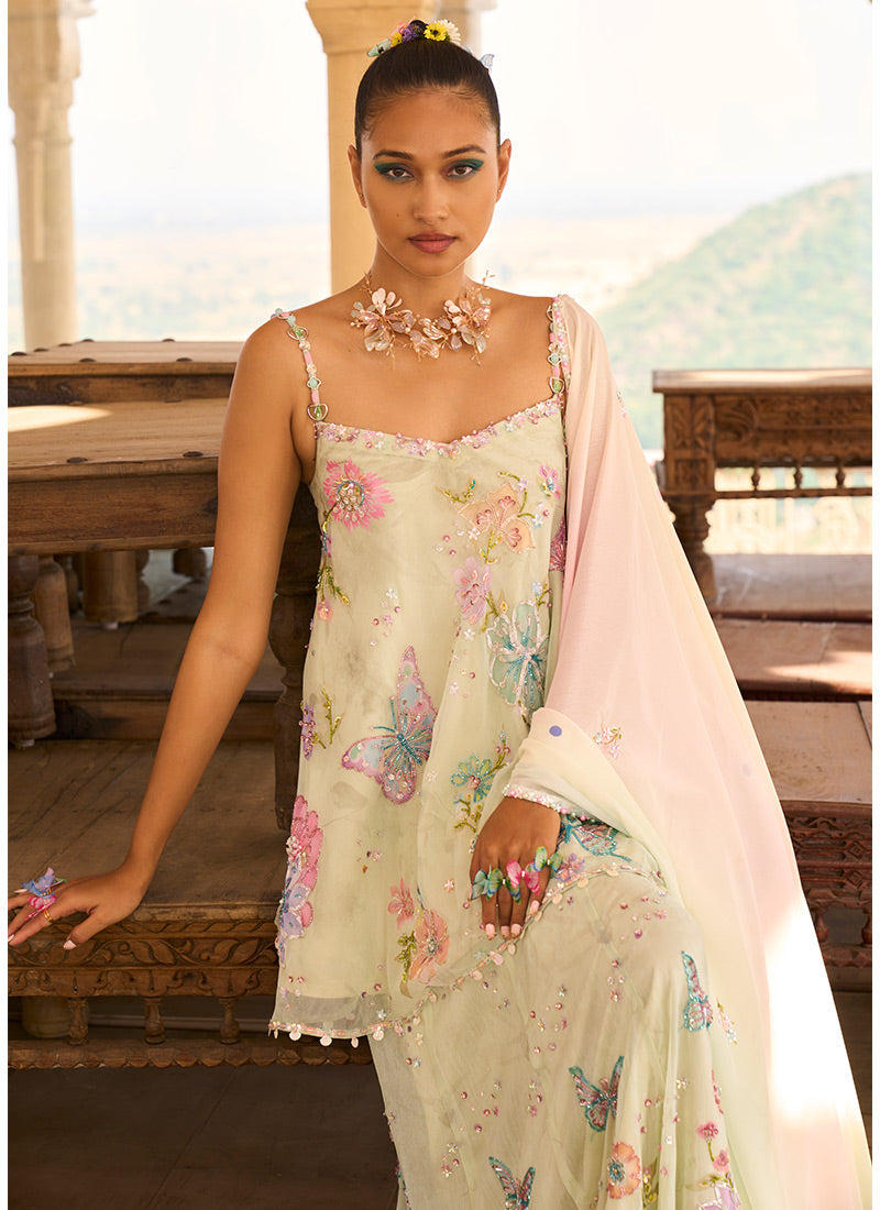 Light Green Embellished Chinon Sharara Suit