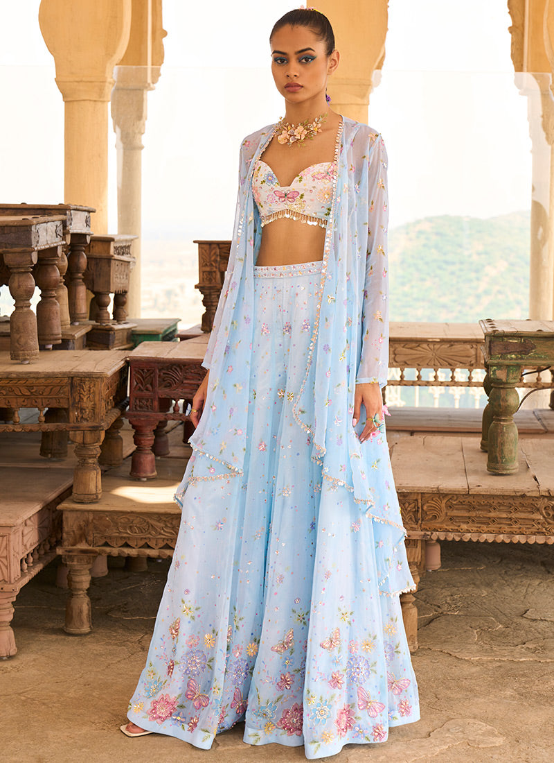 Light Blue Embellished Net Crop Jacket Set