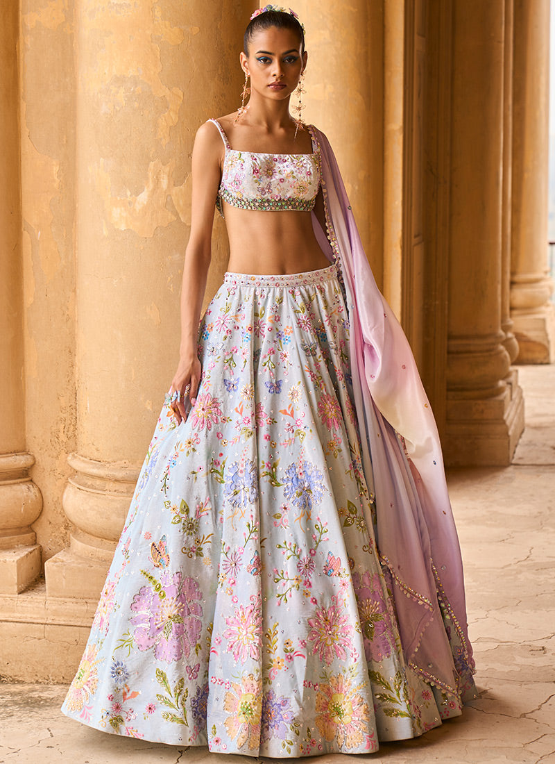 Mint and Purple Embellished Velvet Lehenga