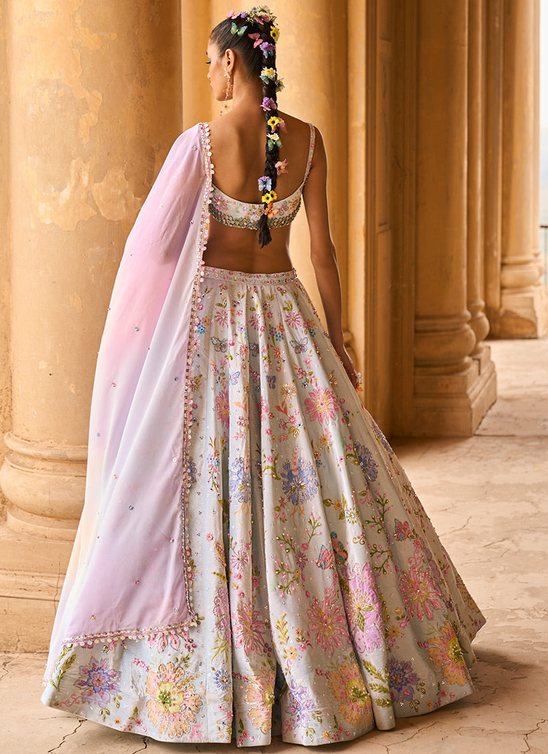 Mint and Purple Embellished Velvet Lehenga