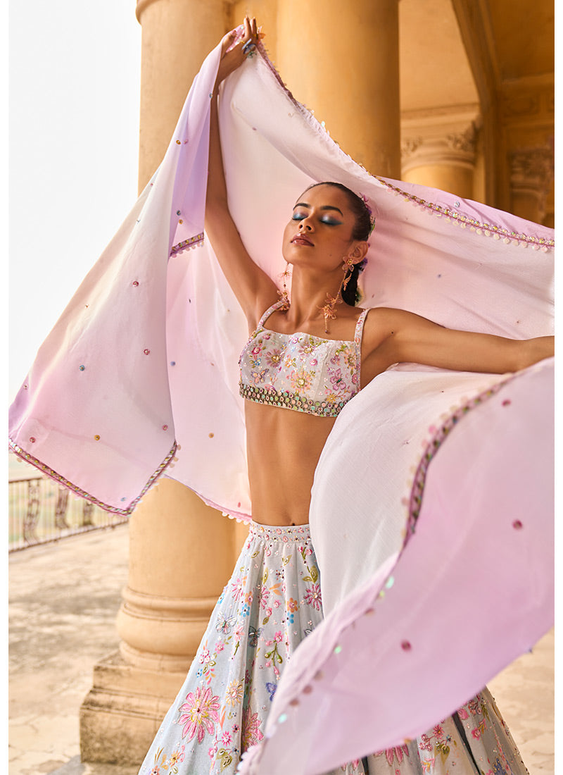 Mint and Purple Embellished Velvet Lehenga