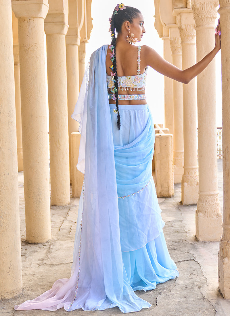 Ombre Blue Ruffled Chiffon Saree