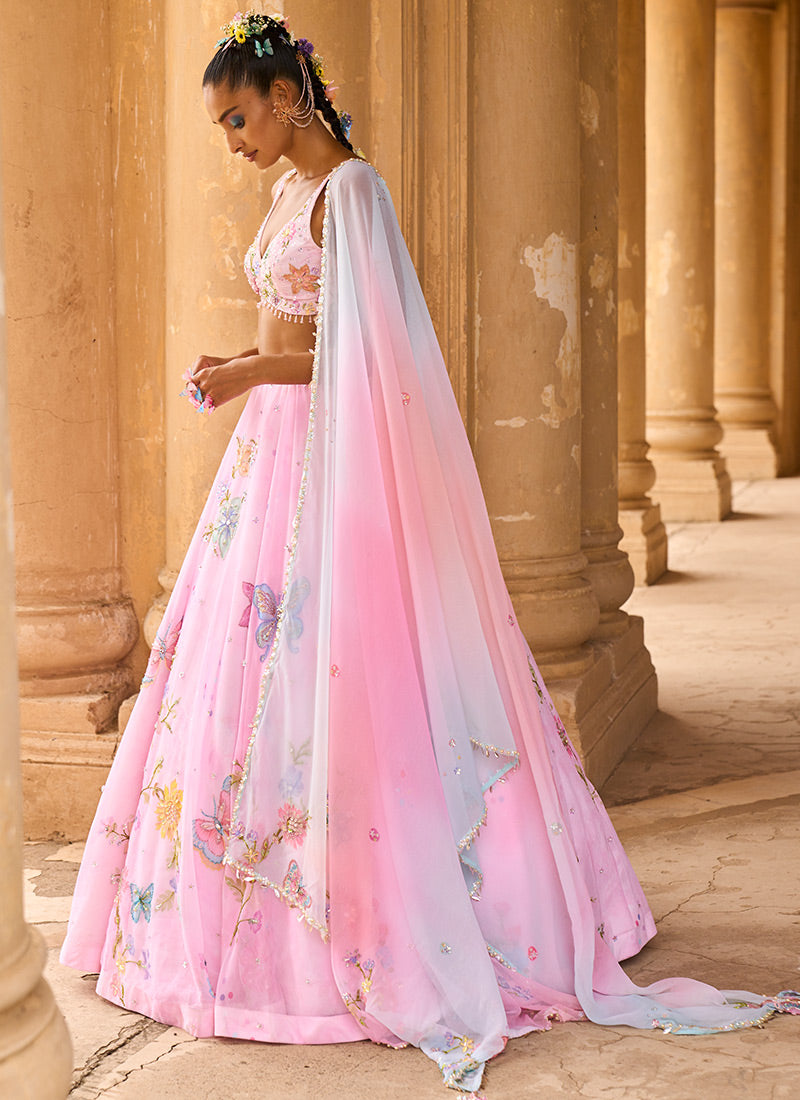 Light Pink Embellished Chiffon Lehenga