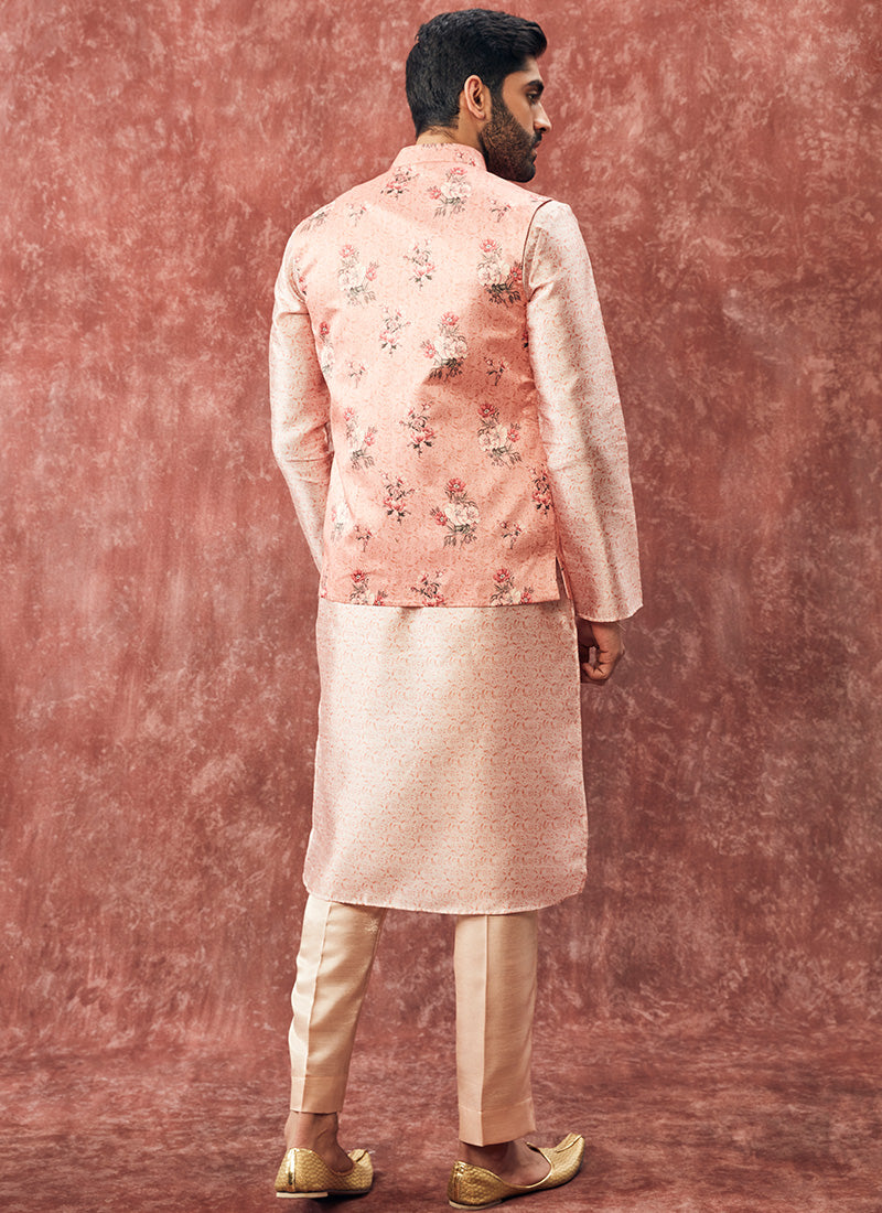 Peach Floral Nehru Jacket Set - Lashkaraa