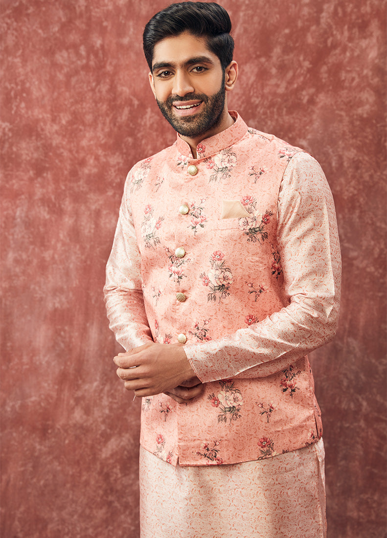 Peach Floral Nehru Jacket Set - Lashkaraa