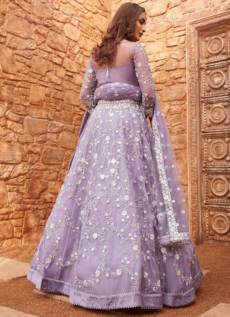 Lavender Embroidered Net Lehenga - Lashkaraa