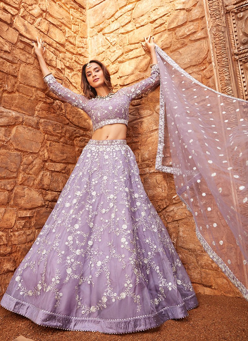 Lavender Embroidered Net Lehenga - Lashkaraa