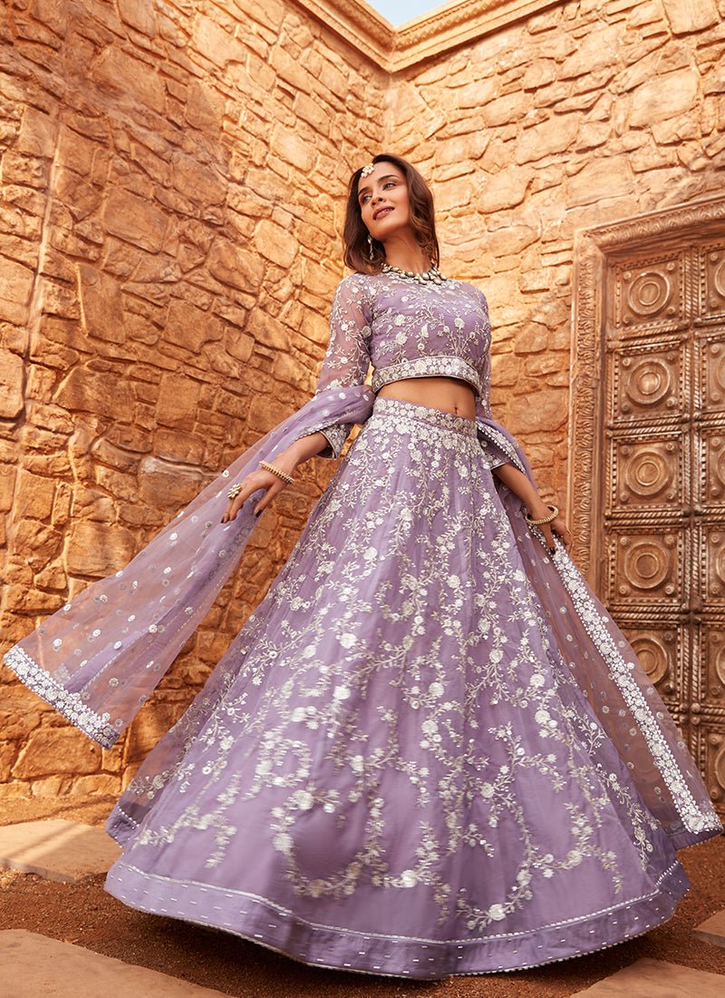Lavender Embroidered Net Lehenga - Lashkaraa