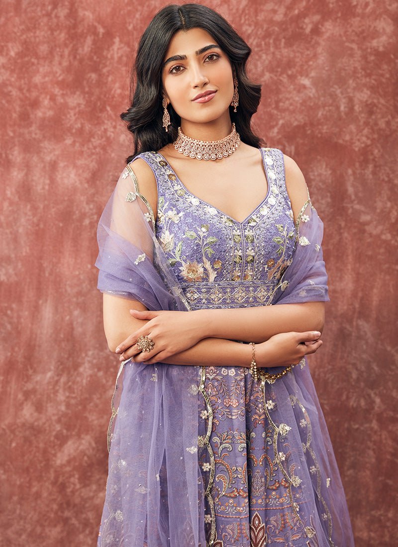 Lavender Printed Silk Anarkali - Lashkaraa