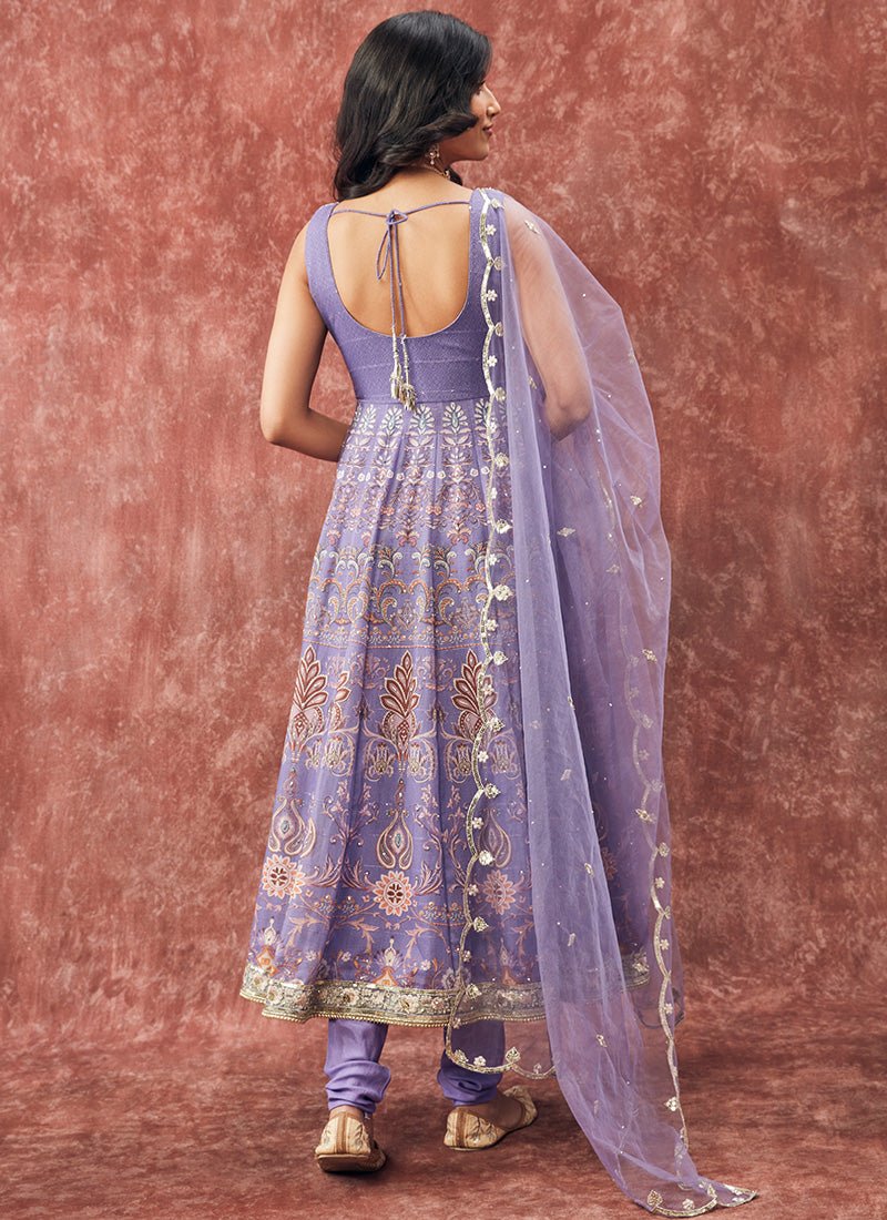 Lavender Printed Silk Anarkali - Lashkaraa