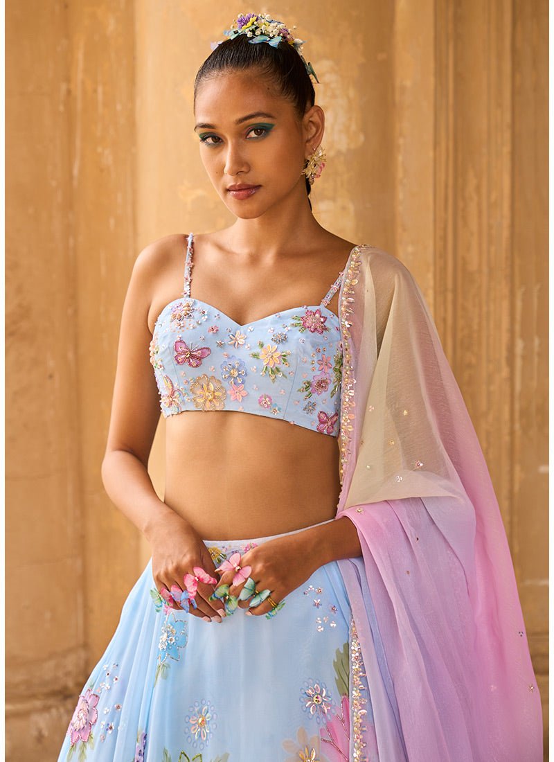 Light Blue Embellished Chiffon Lehenga - Lashkaraa