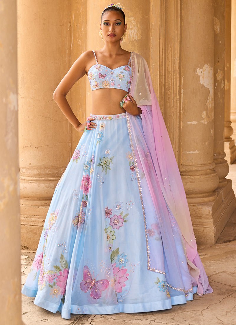 Light Blue Embellished Chiffon Lehenga - Lashkaraa
