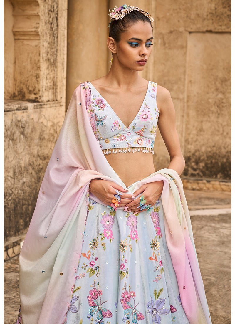 Light Blue Embellished Velvet Lehenga - Lashkaraa