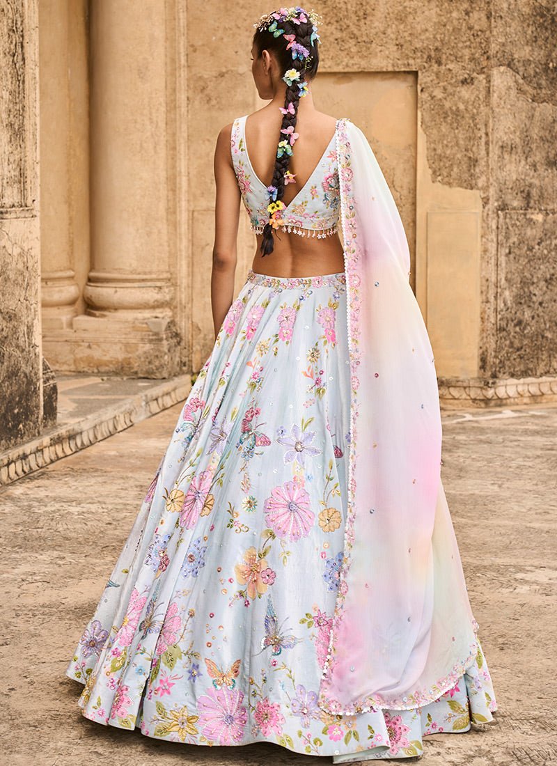 Light Blue Embellished Velvet Lehenga - Lashkaraa