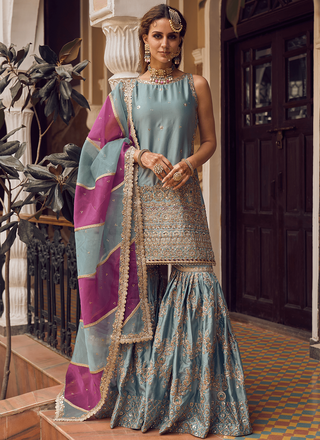 Light Blue Embroidered Gharara Suit - Lashkaraa
