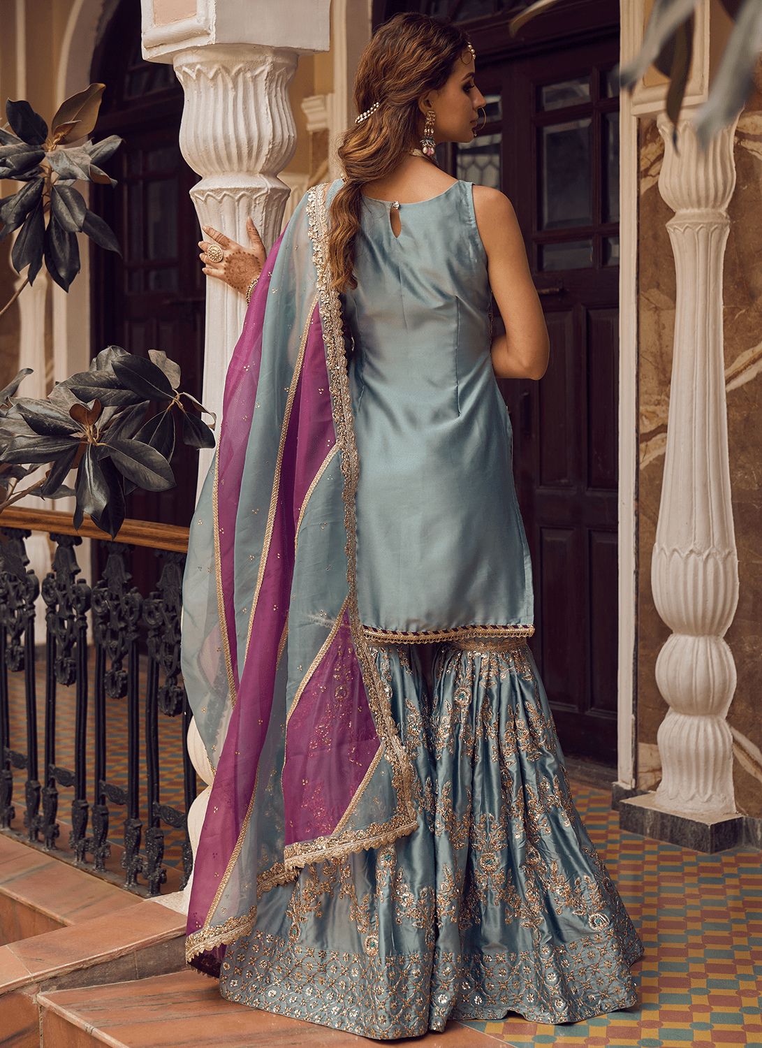 Light Blue Embroidered Gharara Suit - Lashkaraa