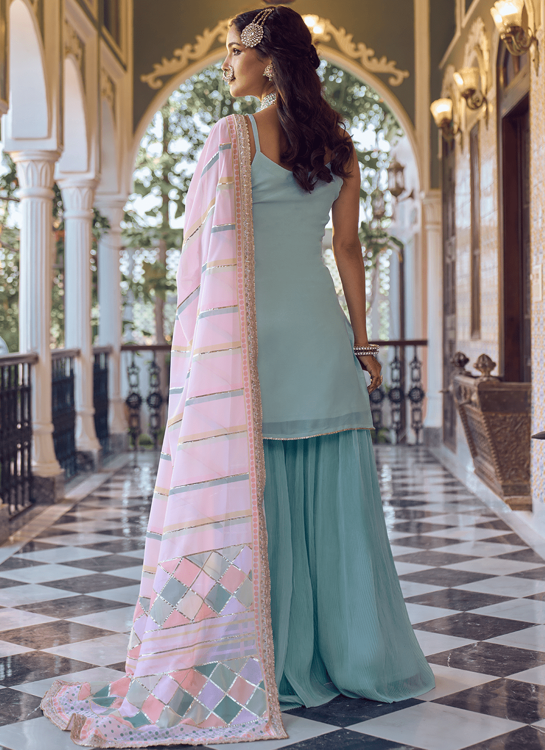 Light Blue Embroidered Sharara Suit - Lashkaraa