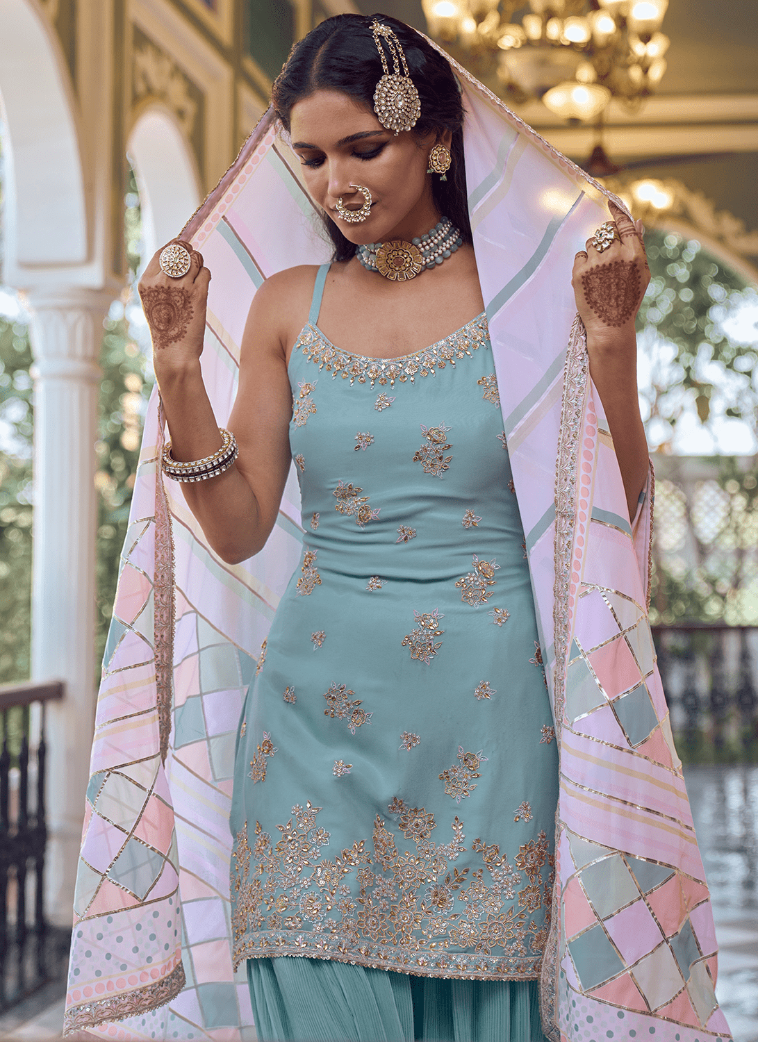Light Blue Embroidered Sharara Suit - Lashkaraa