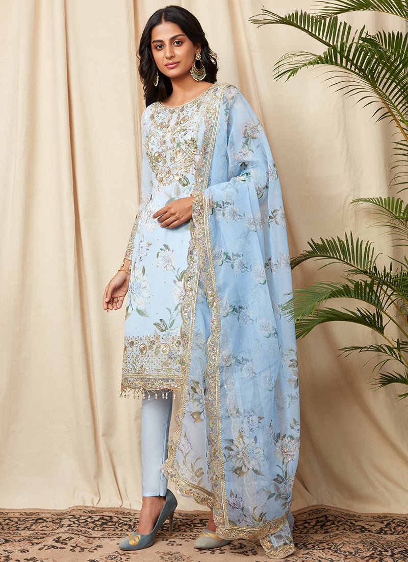 Light Blue Floral Georgette Suit - Lashkaraa