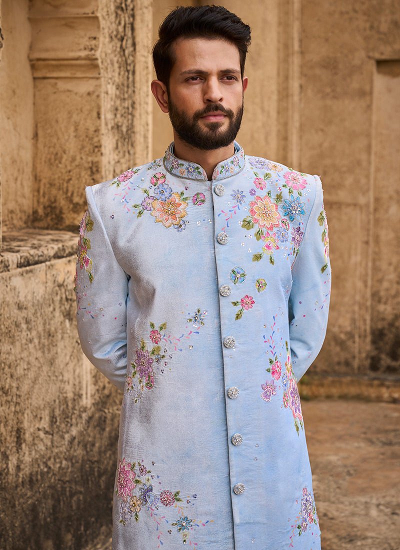 Light Blue Hand Embroidered Velvet Sherwani - Lashkaraa