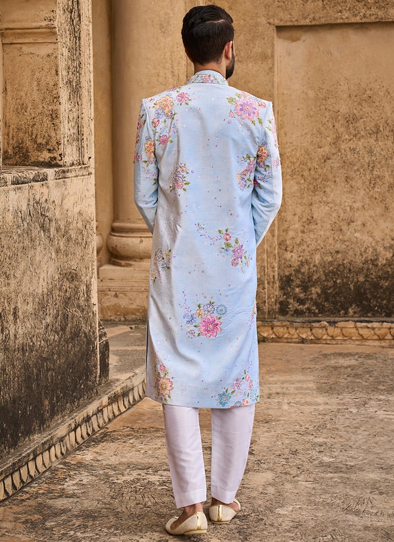 Light Blue Hand Embroidered Velvet Sherwani - Lashkaraa