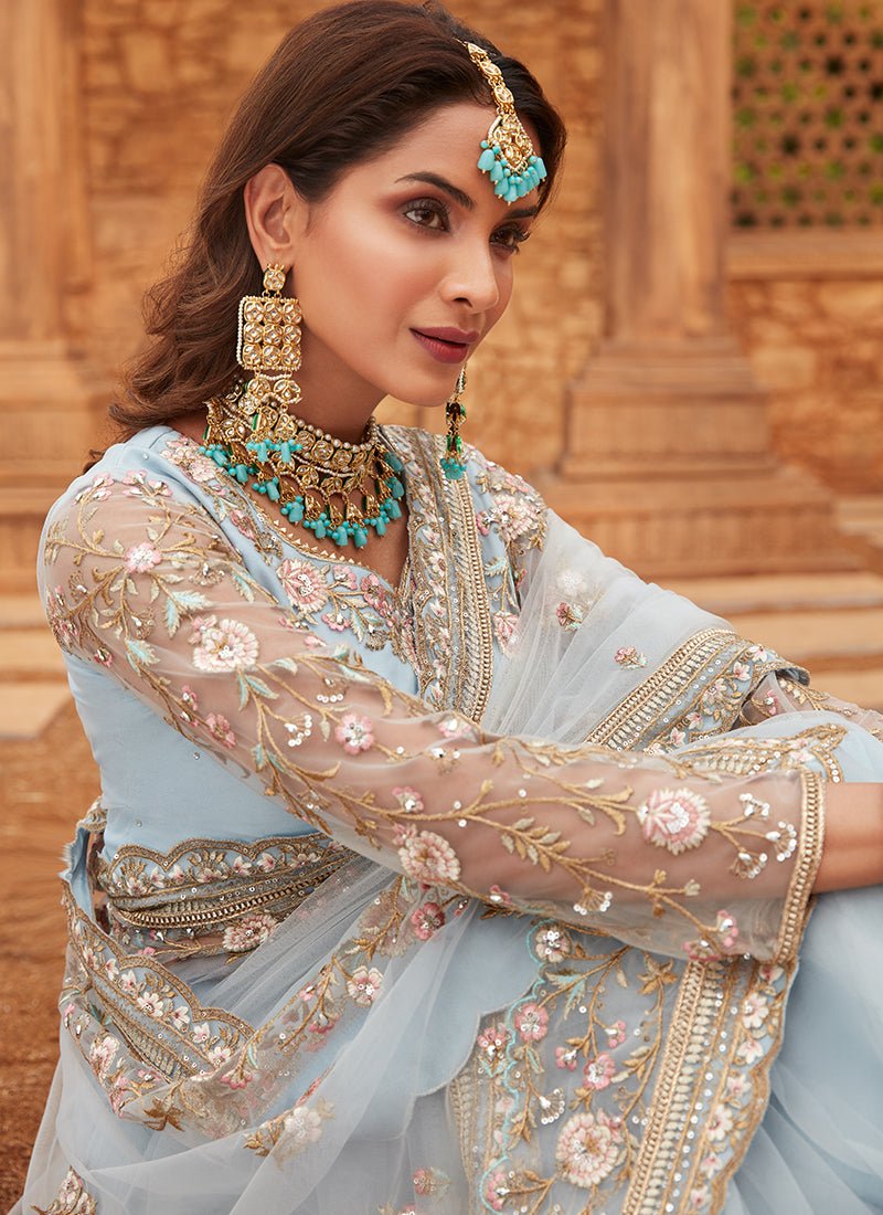 Light Dusty Blue Embroidered Net Saree - Lashkaraa