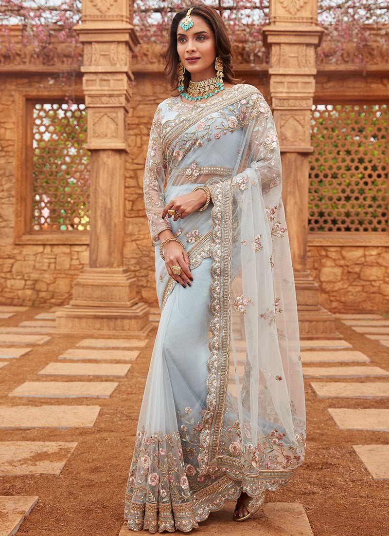 Light Dusty Blue Embroidered Net Saree - Lashkaraa