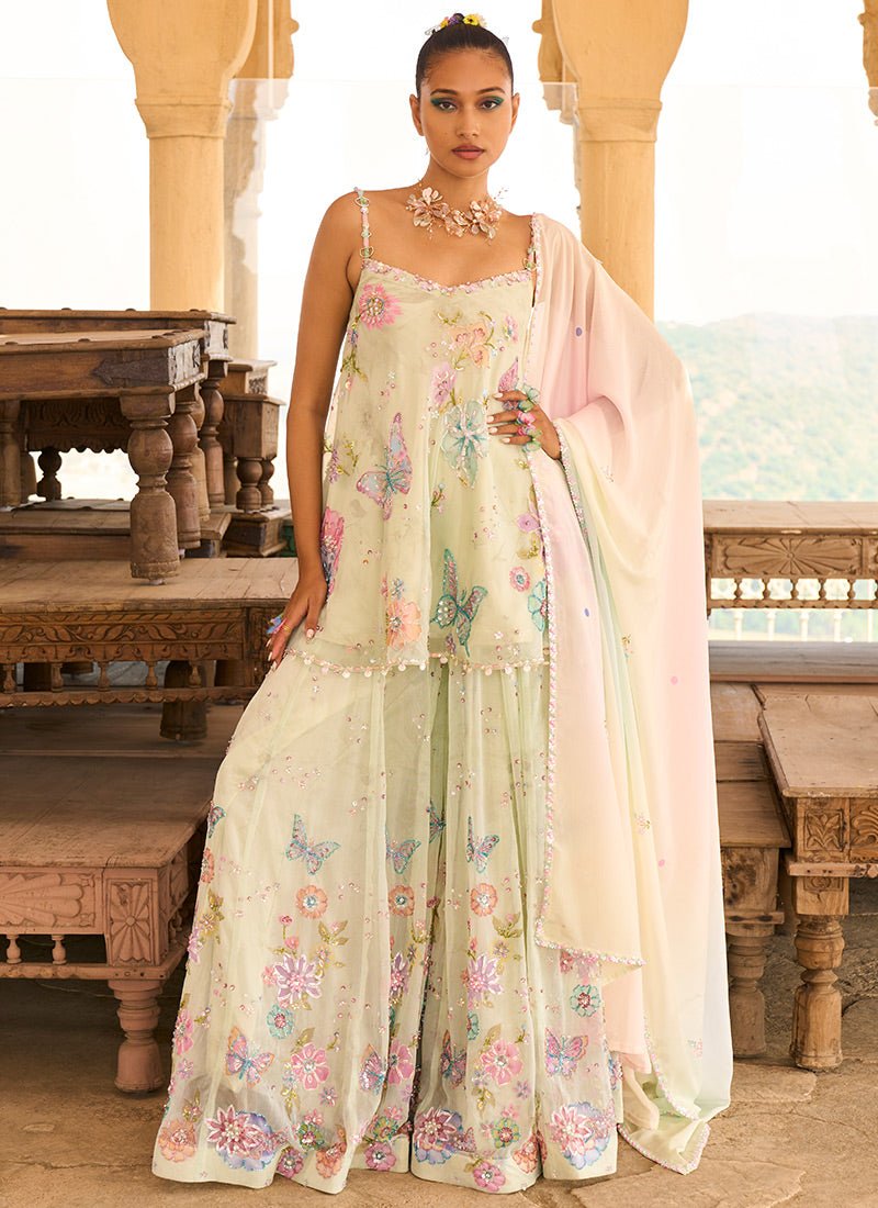 Light Green Embellished Chinon Sharara Suit - Lashkaraa