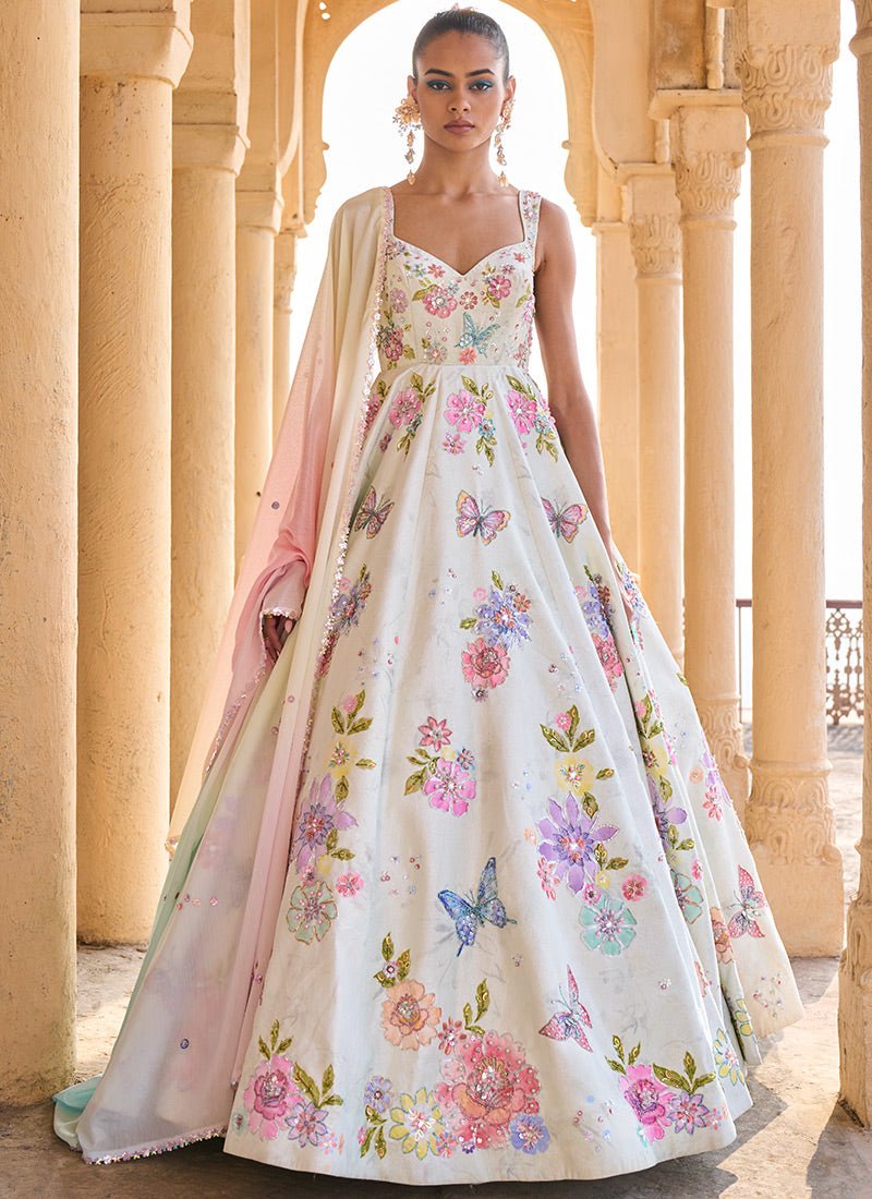Light Green Embellished Velvet Anarkali | Lashkaraa