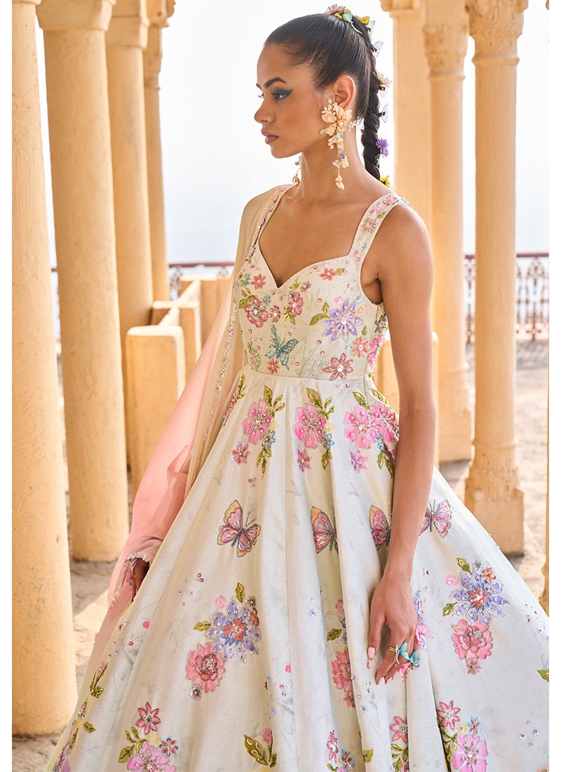 Light Green Embellished Velvet Anarkali - Lashkaraa