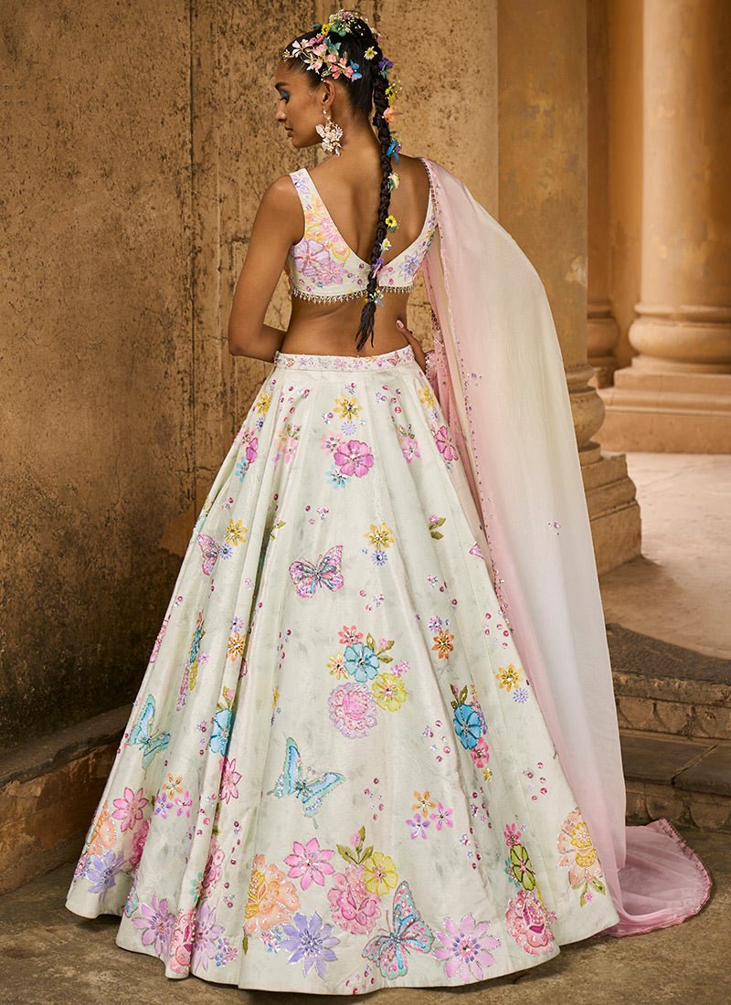 Light Green Embellished Velvet Lehenga - Lashkaraa
