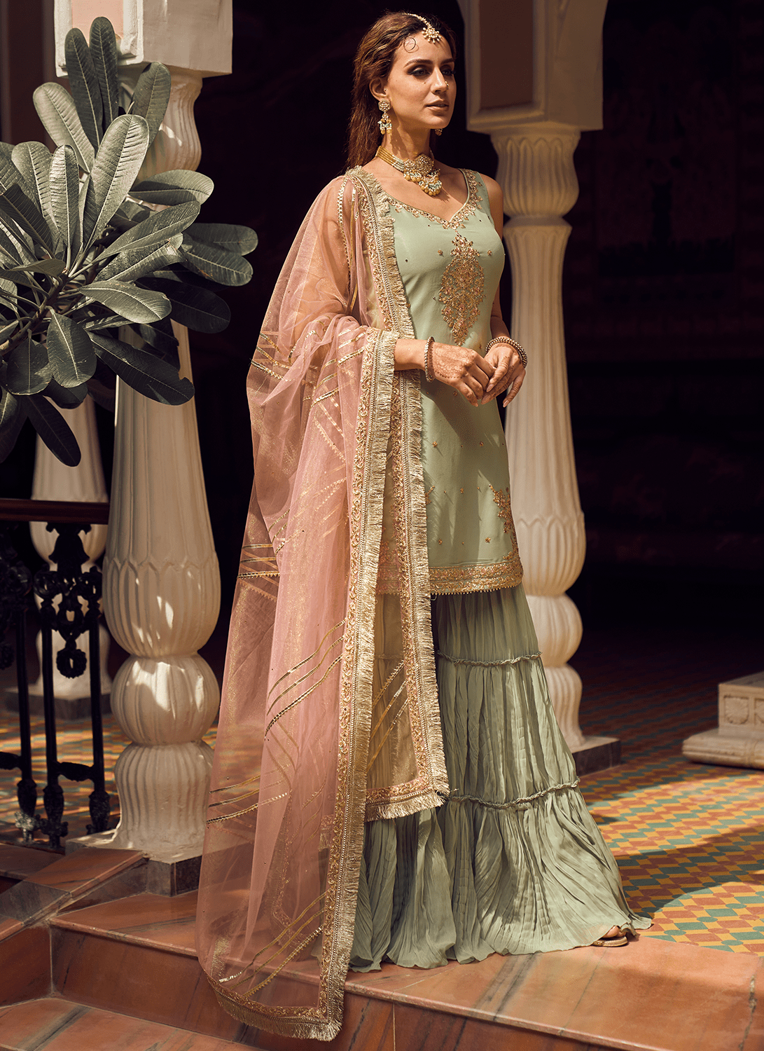 slim fit dress slacks Pista Green Chanderi Silk Jacquard Sharara Suit main image 0