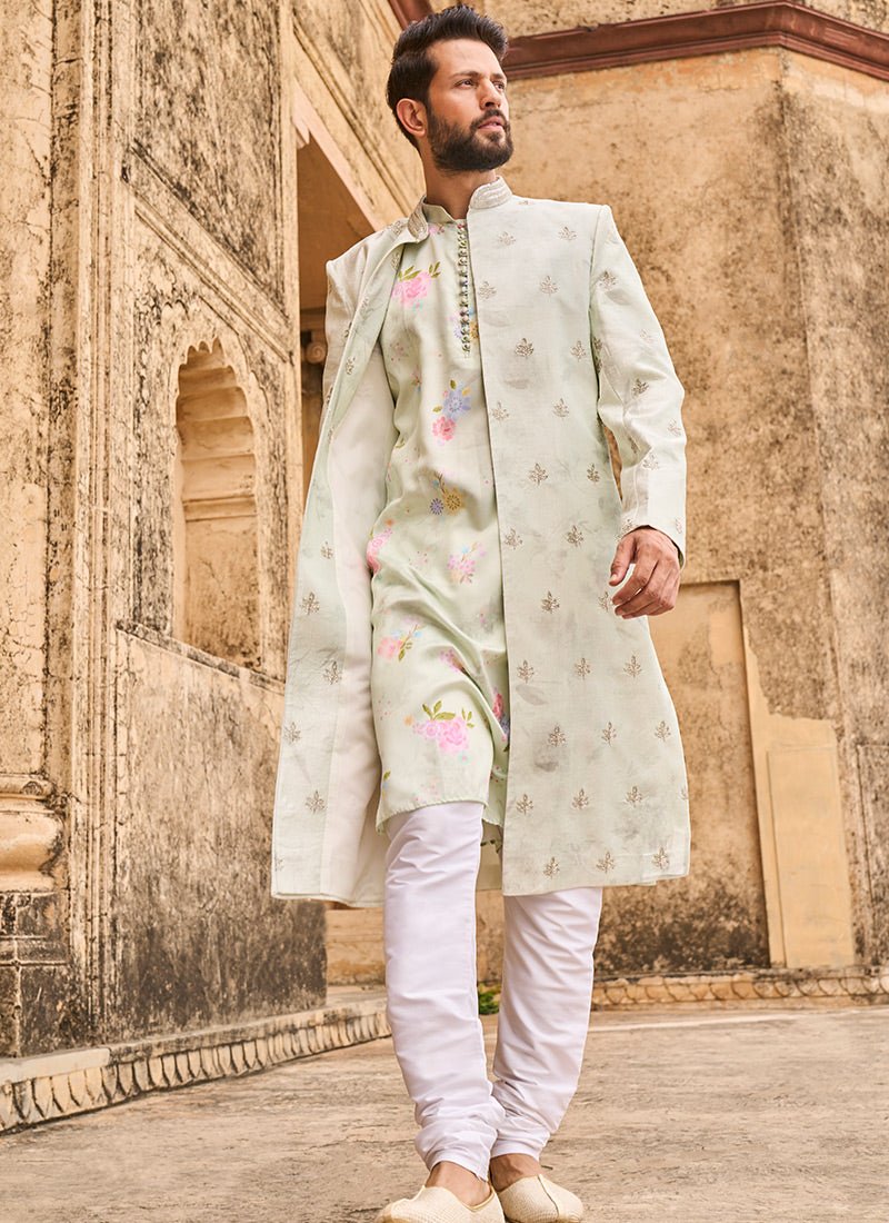Light Green Hand Embroidered Velvet Jodhpuri Set - Lashkaraa
